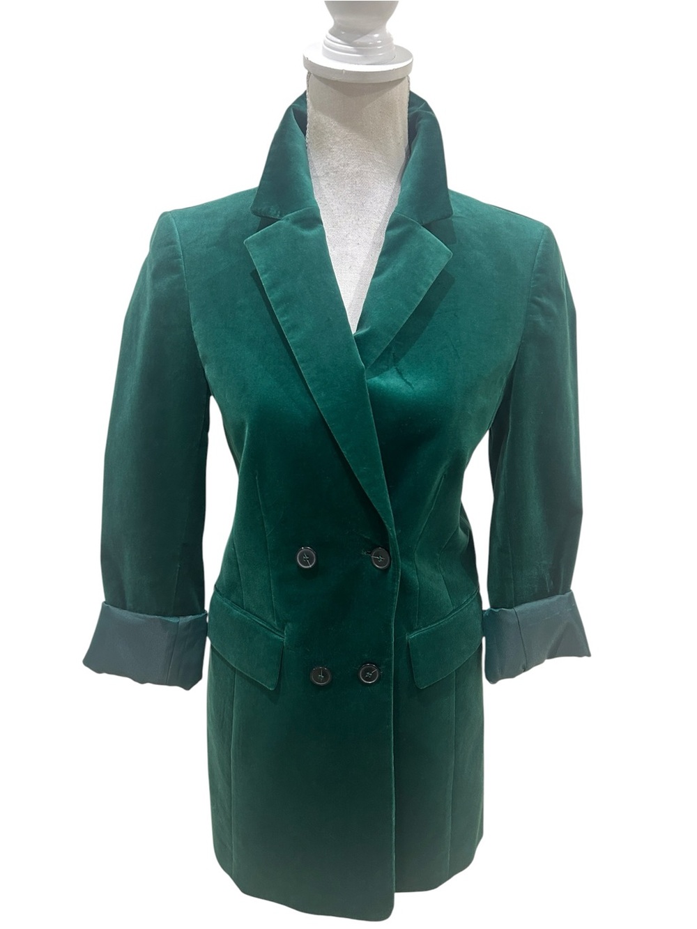 Talbots Emerald Green Velvet Double-Breasted longline lined Blazer size 4 - Picture 4 of 13